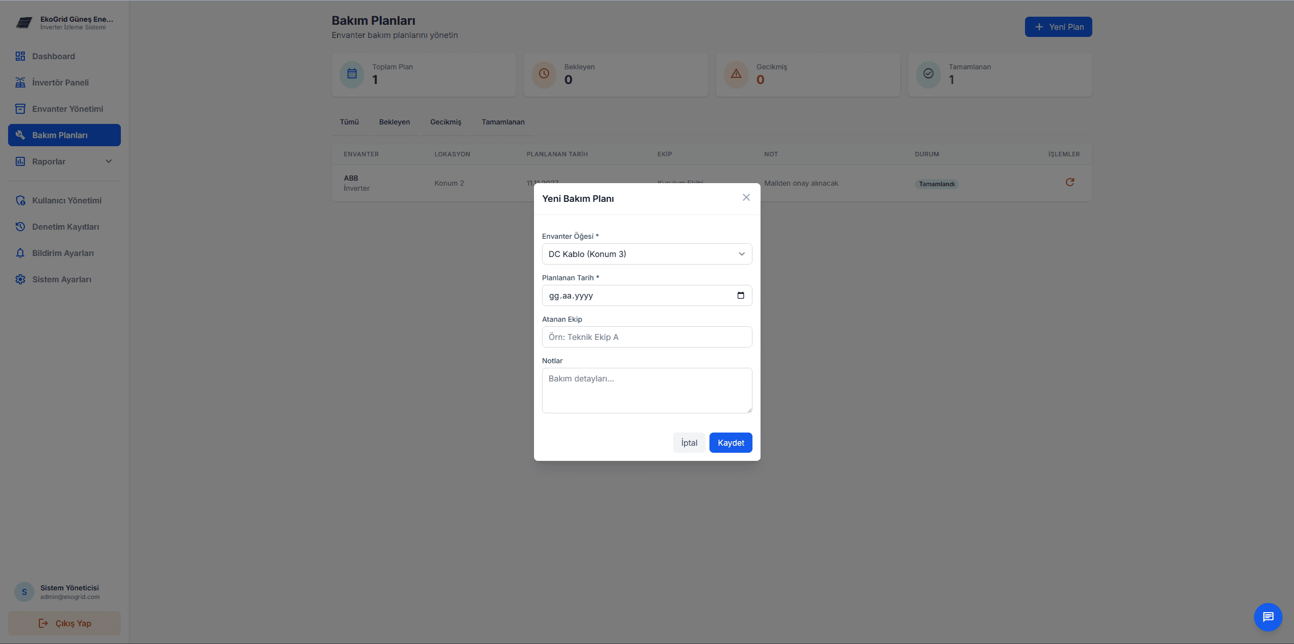 Bakım Planı Ekleme