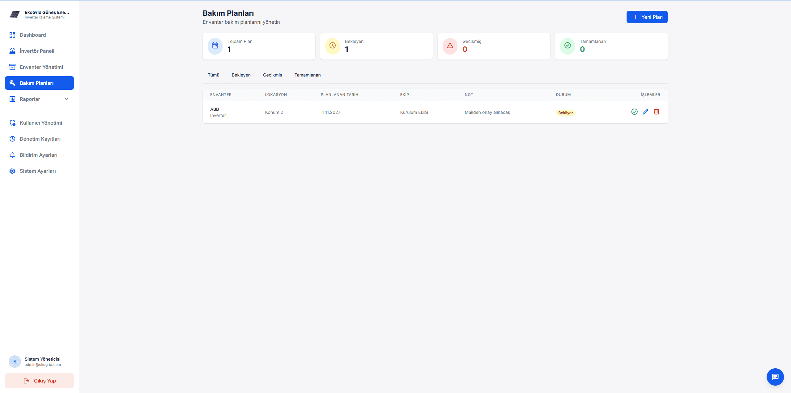 Bakım Planlama Listesi