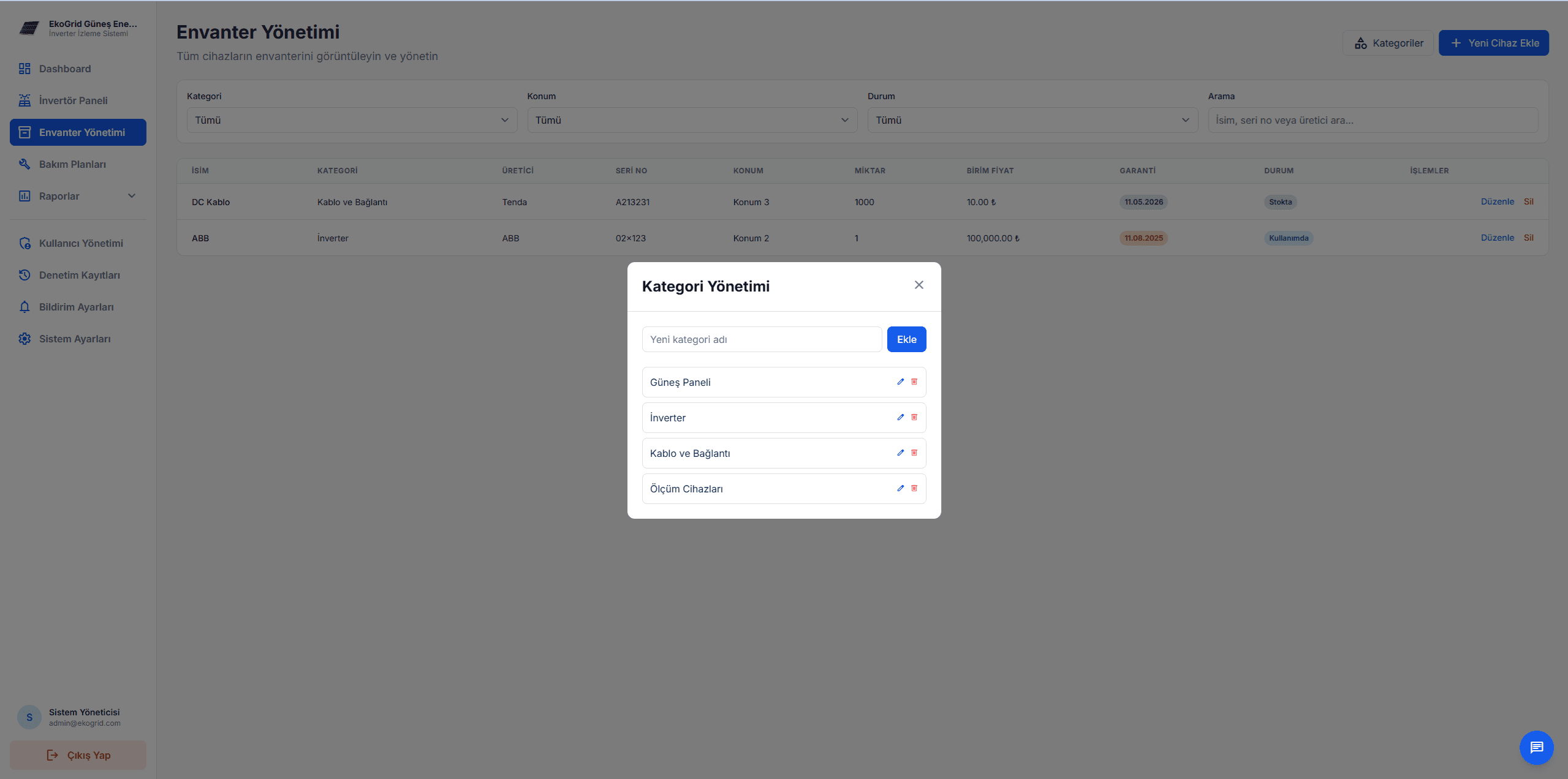 Envanter Kategori Yönetimi